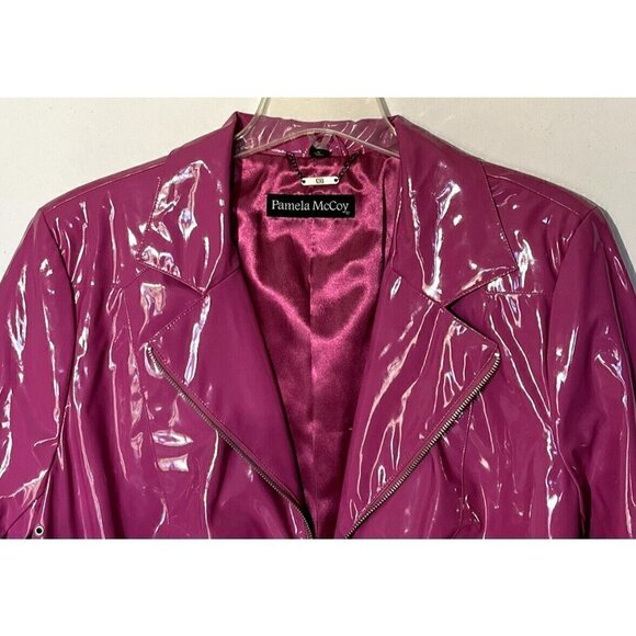 New Pamela McCoy Raspberry Pink Full Zip Pockets Patent Rain Jacket - Picture 5 of 8
